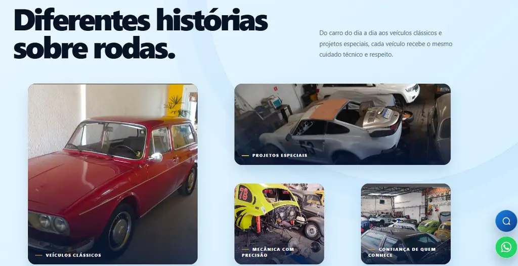 Galeria real do site da Oficina Shrek mostrando veículos clássicos e projetos especiais