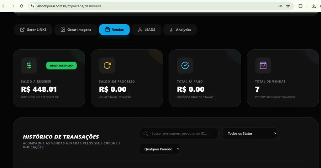 Painel real de vendas e histórico de transações da SitePorAI