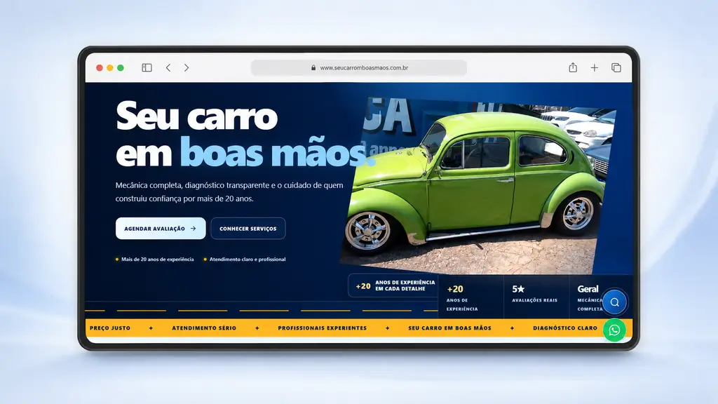 Primeira seção real do site da Oficina Shrek com apresentação dos serviços e chamada para avaliação