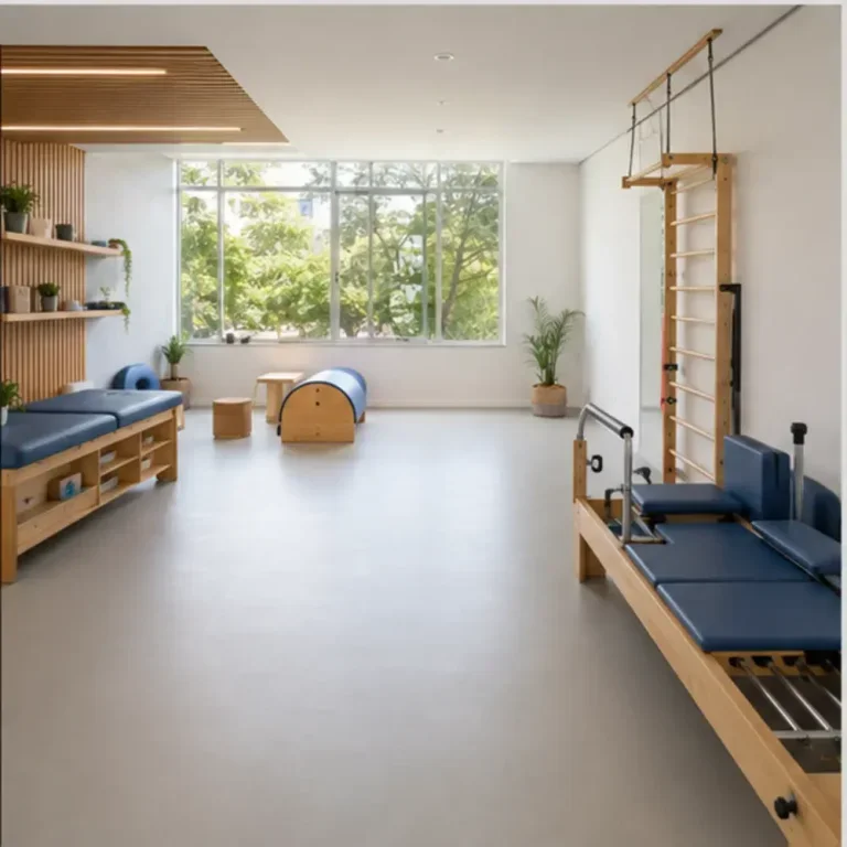 Ambiente de fisioterapia iluminado com equipamentos e espaço para exercícios