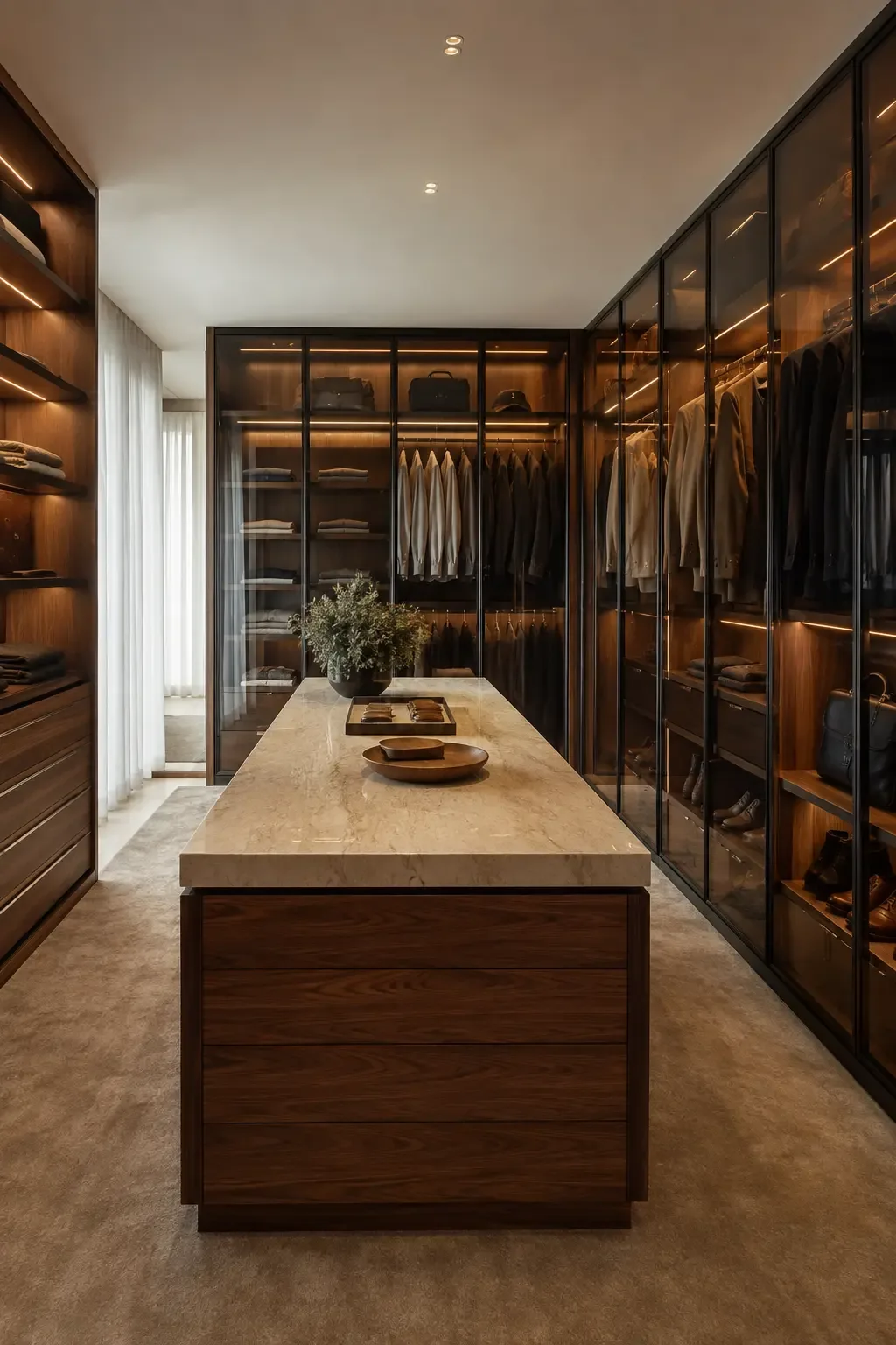 Closet planejado em nogueira, vidro fumê e iluminação integrada