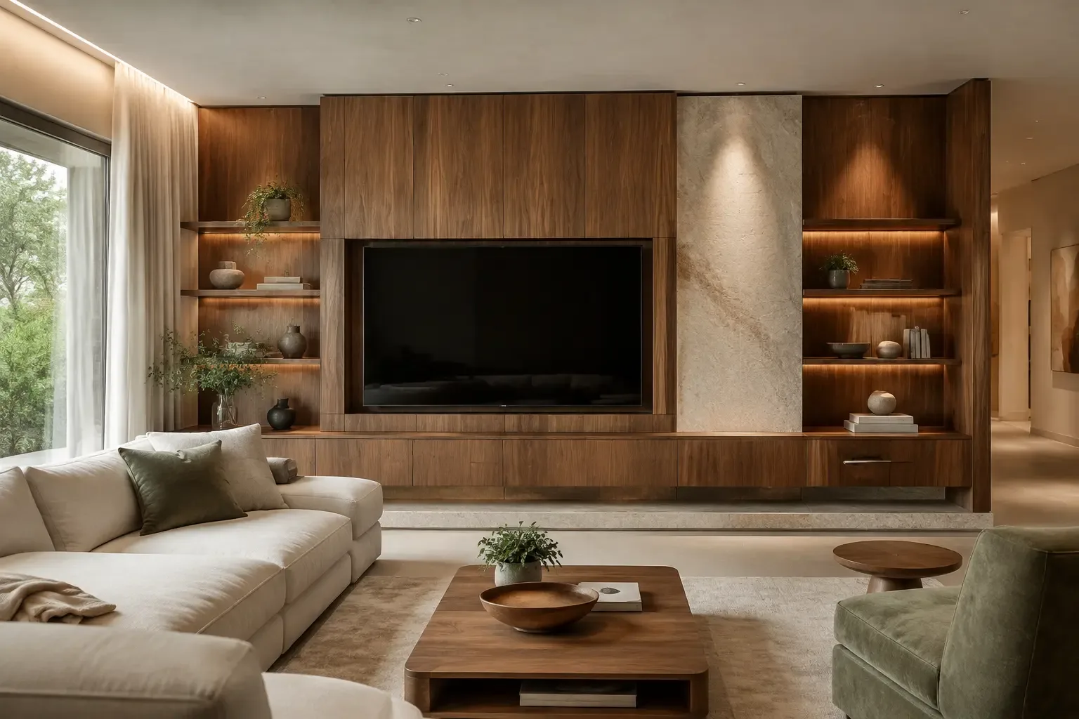 Living contemporâneo com painel planejado em madeira e pedra