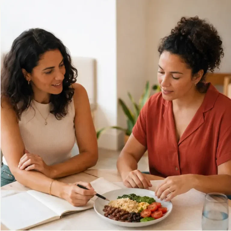 Nutricionista Marina Avelar conversando com paciente durante consulta, construindo juntas escolhas alimentares possíveis em torno de um prato de comida real