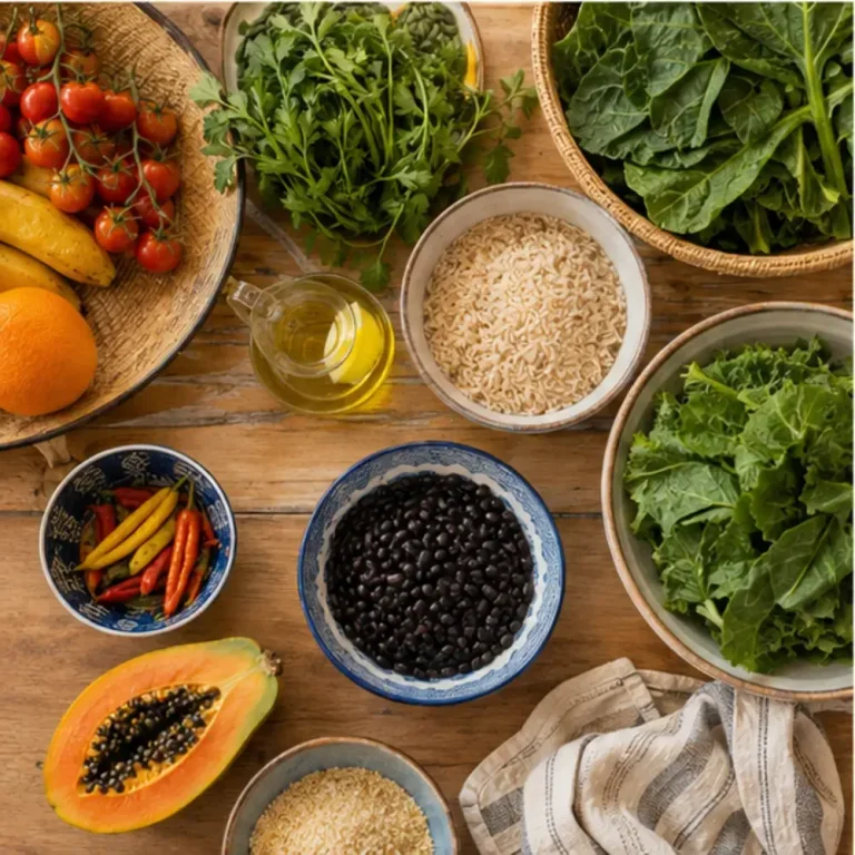 Vista superior de mesa com alimentos frescos e básicos da rotina brasileira: feijão preto, arroz integral, couve verde, frutas frescas, azeite e legumes