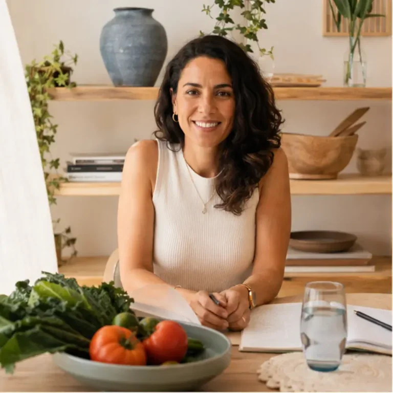 Marina Avelar, nutricionista comportamental, sorrindo em sua mesa de atendimento com caderno de anotações e alimentos frescos em ambiente acolhedor