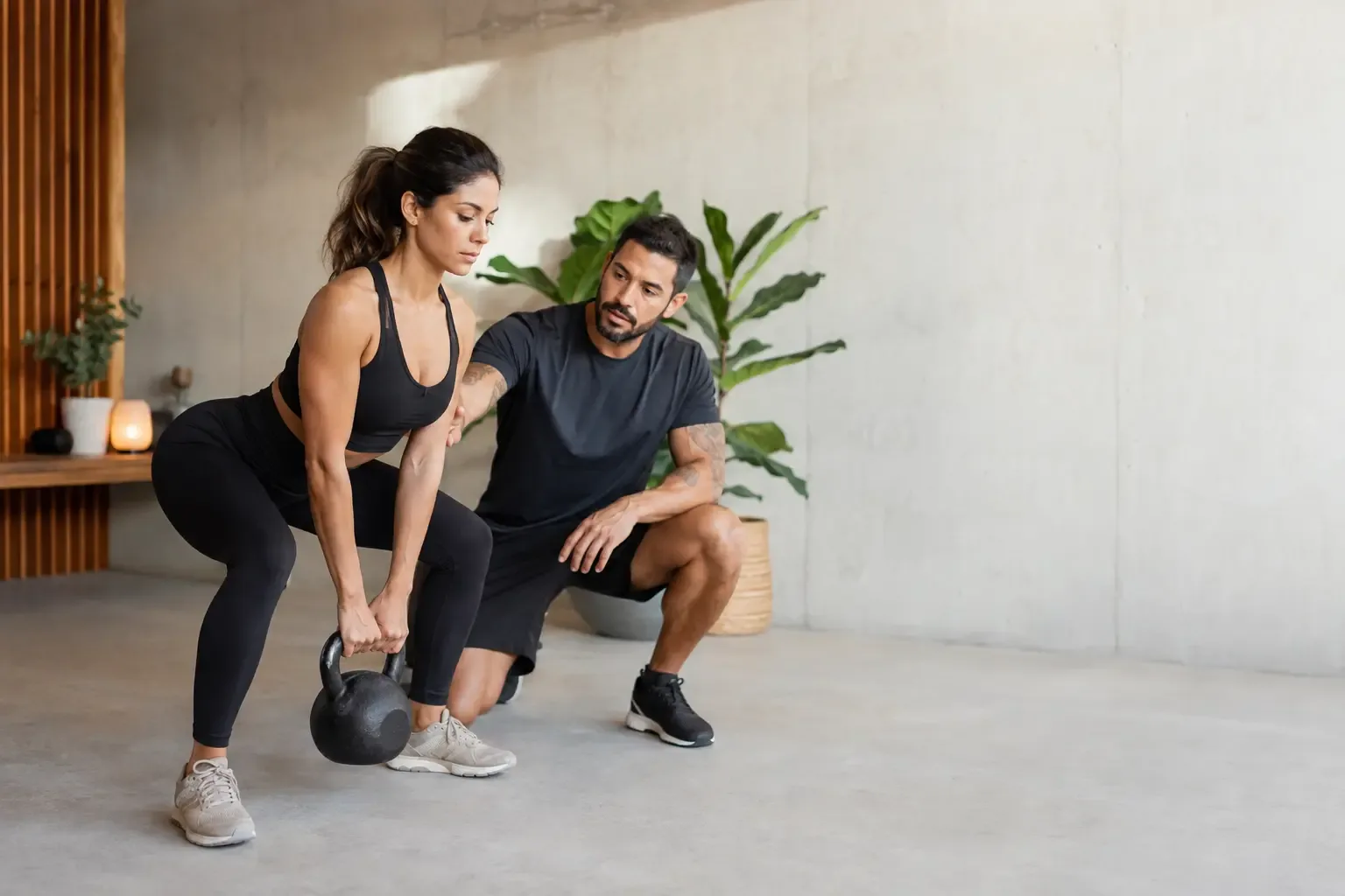 Treinador orientando exercício funcional em estúdio