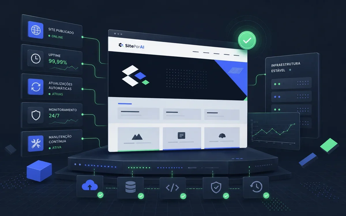 Painel visual sobre hospedagem, manutenção e continuidade de um site publicado