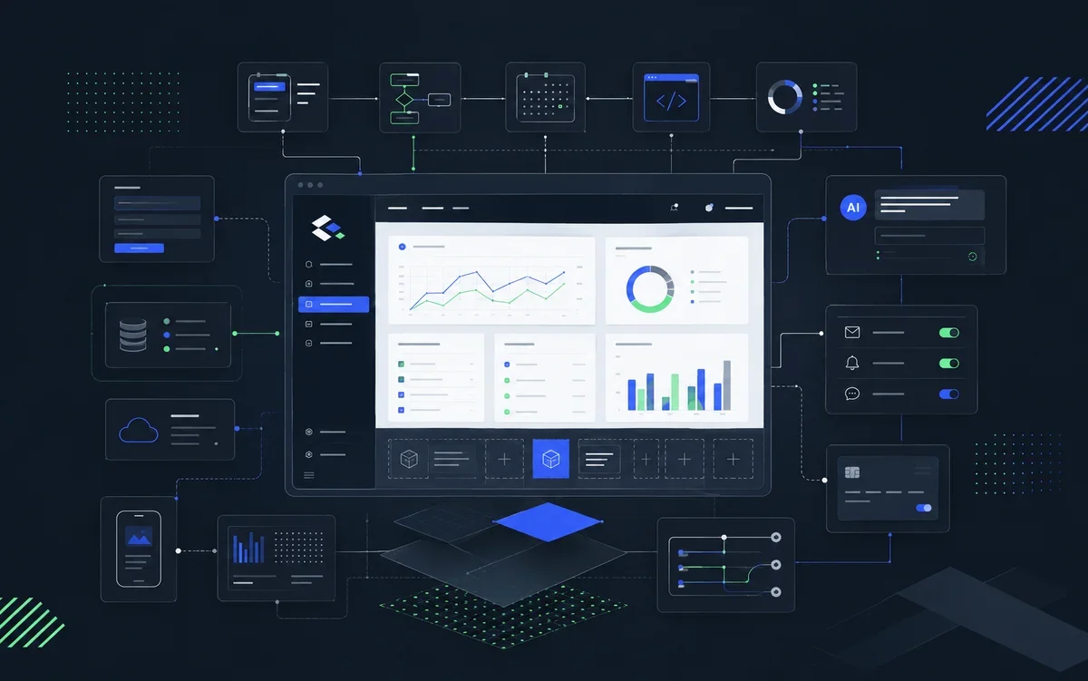 Painel visual com formulários, dados, integrações e recursos de inteligência artificial