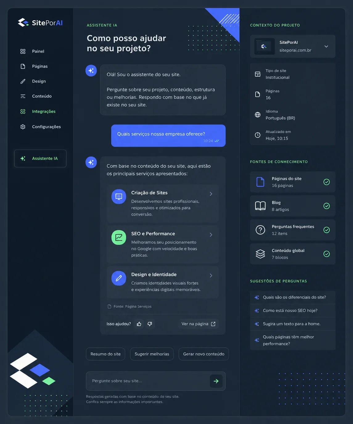 Mockup de assistente de IA orientado por conteúdos do projeto
