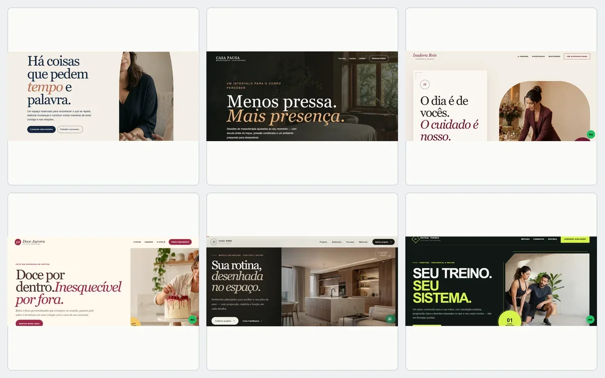 Mosaico com projetos conceituais criados pela SitePorAI