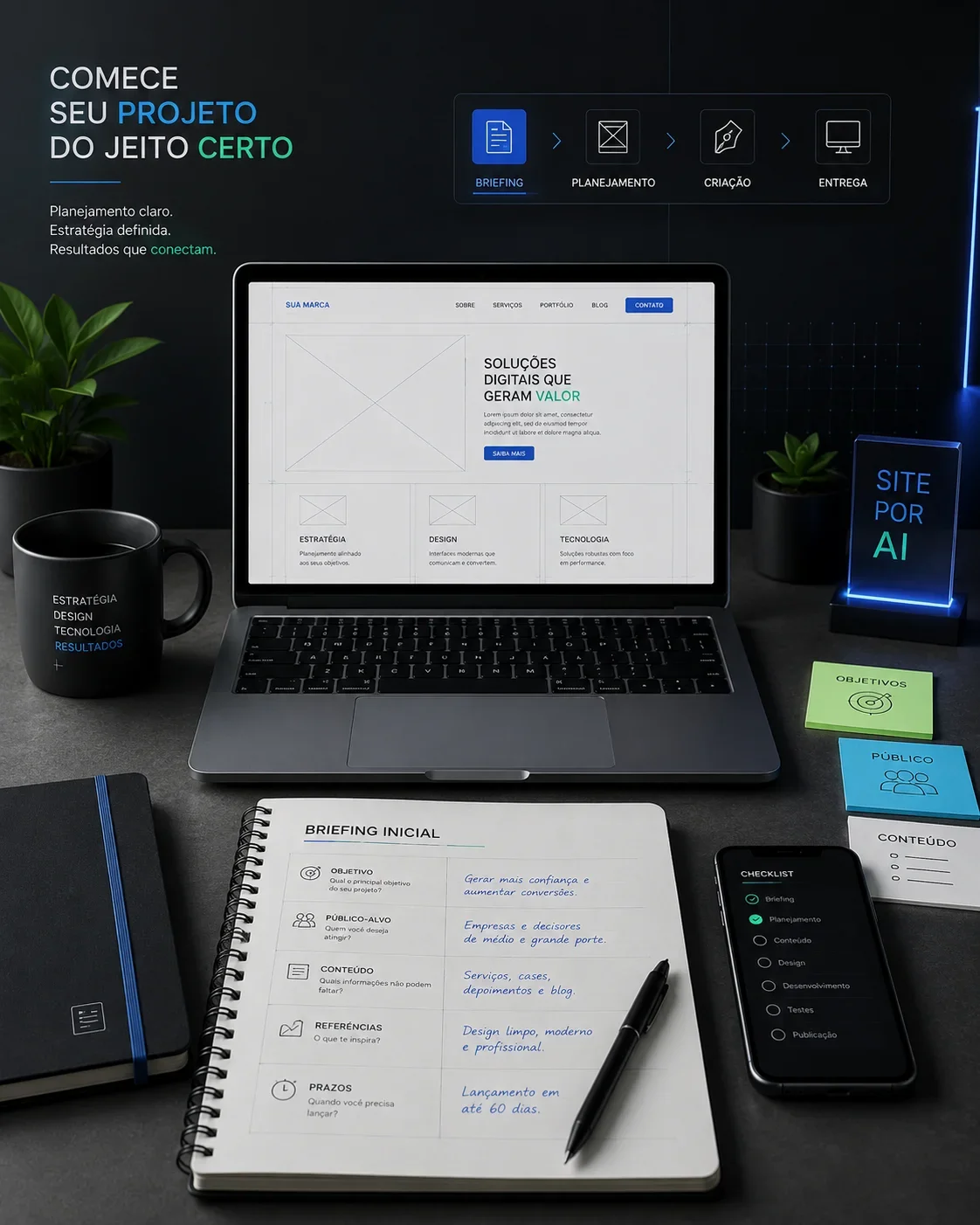Briefing inicial de um projeto de site em contexto de trabalho